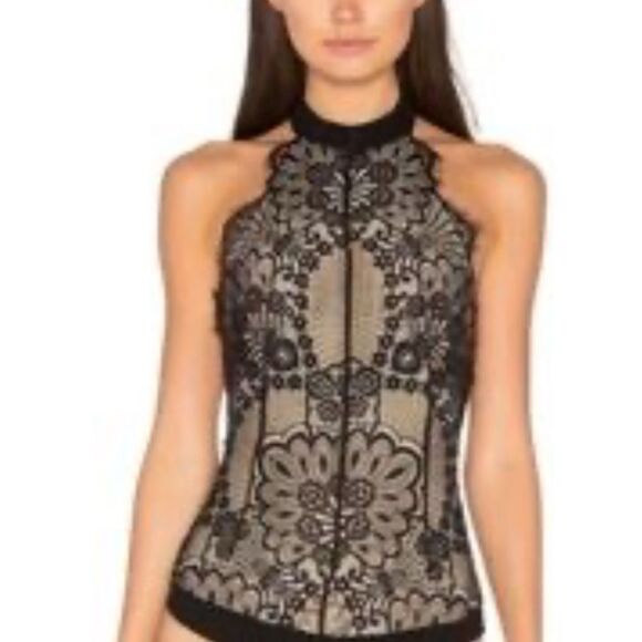 Majorelle Revolve Sarah Black Floral Print Lace Halter Open Back Bodysuit size S - Picture 4 of 10
